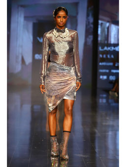 Nirmooha - Grey Lurex Bustier with Top and Skirt with Belt