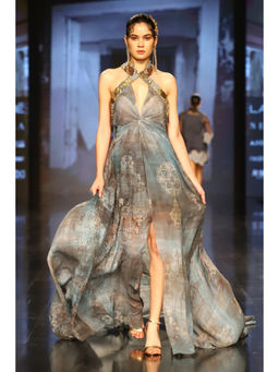 Nirmooha - Grey Printed Halter Neck Maxi Dress with Trail