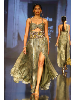 Nirmooha - Green Printed Embellished Maxi Dress