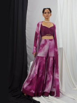 Nirmooha - Purple Embroidered Bralette and Palazzo with Printed Cape with Belt