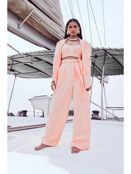 Nirmooha - Peach Power Chic Belted Blazer and Pant with Bustier