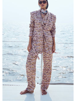 Nirmooha - Peach Sequin Printed Blazer and Pant with Belt with Vest Top