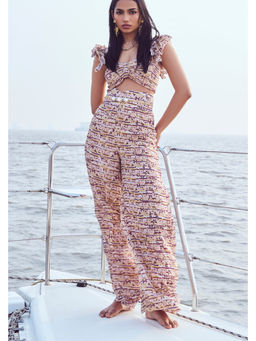 Nirmooha - Peach Sequin Printed Crop Top and High-Waist Flare Pant with Belts