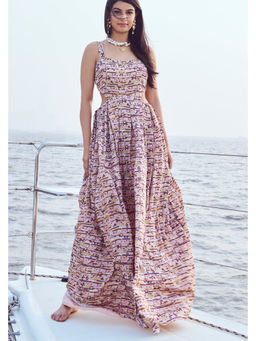 Nirmooha - Peach Sequin Printed Side Cutout Maxi Dress