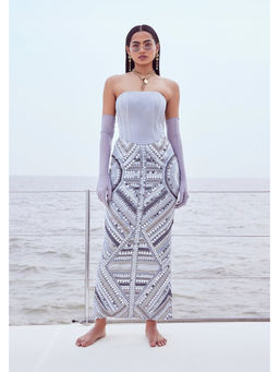 Nirmooha - Grey Hand Embroidered Mirror Work Dress with Gloves