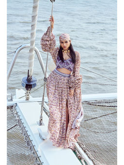 Nirmooha - Peach Sequin Printed Hand Embroidered Skirt with Belt