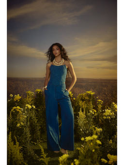 Nirmooha - Blue Polished Poise Corset and Pant with Belt
