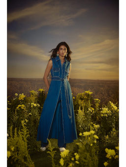 Nirmooha - Blue Metro Classic Trench Coat and Pant with Belt with Belt