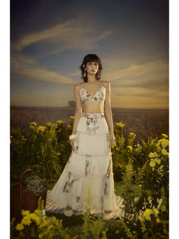 Nirmooha - White Chiffon Blossom Bralette and Tiered Skirt with Belt