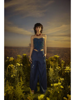 Nirmooha - Blue Floral Embroidery Denim Ensemble Corset and Pant with Belt