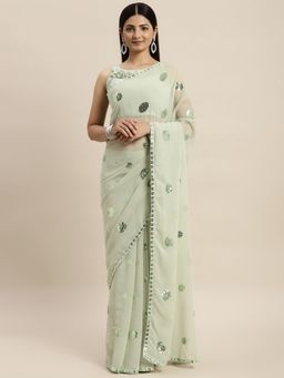 VAIRAGEE - Green Embellished Sequined Celebrity Saree with Unstitched Blouse