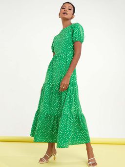 Styli - Green Short Cuffed Sleeves Polka Dot Print Tiered Maxi Dress