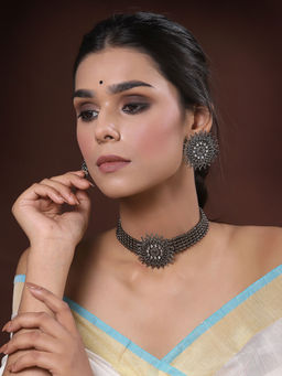 PANASH - Metallic White German Silver Kundan Handcrafted Oxidised Necklace with Earrings (Set of 2)
