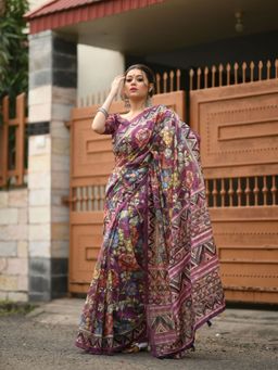 Odette - Linen Purple Traditional Kalamkari Printed Saree with Unstitched Blouse