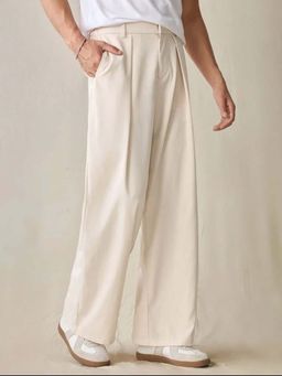 BROADSTAR - Stretchable Off White Loose Fit Solid Korean Trouser