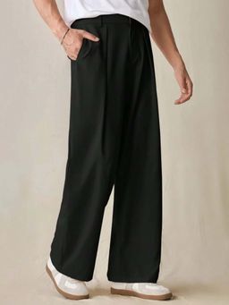 BROADSTAR - Stretchable Black Loose Fit Solid Korean Trouser