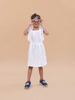 Funny Bones - White Linen Solid Ruffle Sleeve Dress