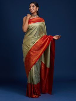 Koskii - Pista Green Zari Work Art Silk Designer Saree with Unstitched Blouse