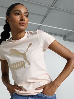 Puma - CLASSICS Shiny Logo (S) Womens Peach T-Shirt
