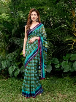 Beatitude - Blue Green Printed Saree with Unstitched Blouse