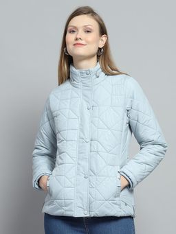 Monte Carlo - Women Self Design Blue Mock Neck Full Sleeve Jacket