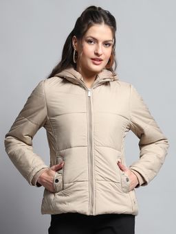 Monte Carlo - Women Self Design Beige Hooded Neck Full Sleeve Jacket
