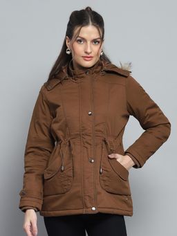 Monte Carlo - Women Self Design Brown Detachable Hood Full Sleeve Jacket