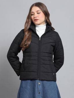 Monte Carlo - Women Solid Black Collar Neck Full Sleeve Jacket