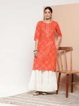 Libas - Orange Cotton Gotta Patti Detail Bandhani Printed Straight Kurta