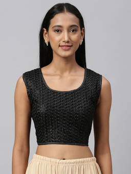 Amrutam Fab - Womens Sequence Embroidered Black Silk Blouse Round Neck