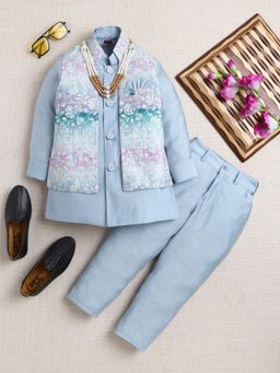 Ahhaaaa - Boy Light Blue Floral Printed Nehru Jacket With Kurta And Pyjama