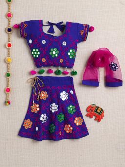 Ahhaaaa - Girls Navy Blue Embroidered Lehenga Choli With Dupatta