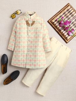Ahhaaaa - Boy Cream Woven Indo-Western Sherwani With Pyjama