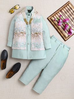 Ahhaaaa - Boy Green Floral Printed Nehru Jacket With Kurta And Pyjama