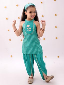 Lil Drama - Green Sleeveless Foil Print With Lace Detailing Kurta And Dhoti