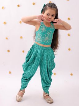 Lil Drama - Green Sleeveless Foil Print With Gota Work Crop Top And Dhoti
