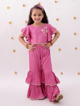Lil Drama - Pink Foil Print With Gota Work On Crop Top And Sharara