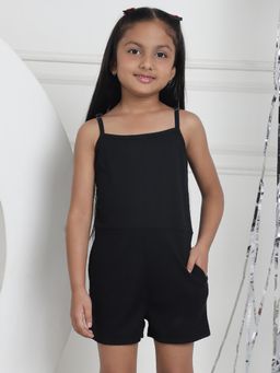Mini & Ming - Girl Black Solid Color Cotton Knitted Ribbed Playsuit