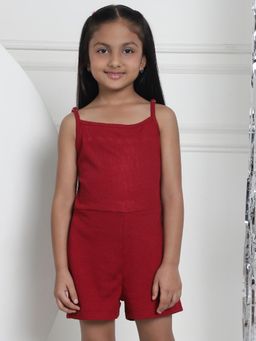 Mini & Ming - Girl Maroon Solid Color Cotton Knitted Ribbed Playsuit