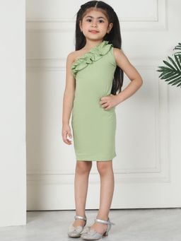 Mini & Ming - Girl Green Solid Cotton One Shoulder Party Wear Dress
