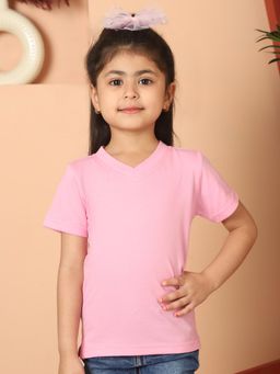 Mini & Ming - Girl Pink Solid Cotton Knitted V-Neck T-Shirt