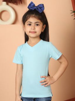 Mini & Ming - Girl Blue Solid Cotton Knitted V-Neck T-Shirt