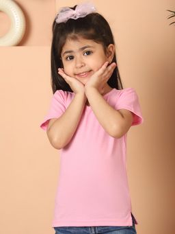 Mini & Ming - Girl Pink Solid Color Cotton Knitted V- Neck T-Shirt