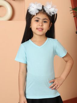 Mini & Ming - Girl Blue Solid Color Cotton Knitted V- Neck T-Shirt
