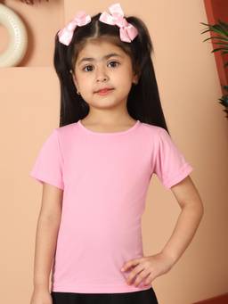 Mini & Ming - Girl Pink Solid Color Cotton Knitted Round Neck T-Shirt
