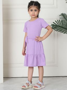 Mini & Ming - Girl Lavender Solid Cotton Knitted A-Line Dress With Belt