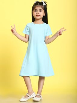 Mini & Ming - Girl Blue Solid Cotton Knitted Midi Dress