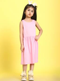 Mini & Ming - Girl Pink Solid Cotton Knitted Sleeveless Dress