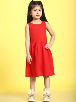 Mini & Ming - Girl Red Solid Cotton Knitted Sleeveless Dress