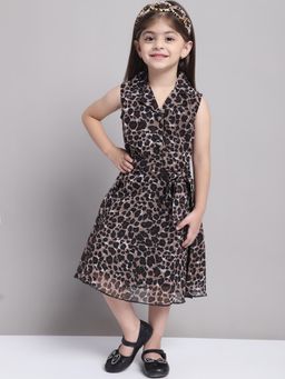 Mini & Ming - Girls Chic Animal Print Shirt Collar Georgette Dress With Belt